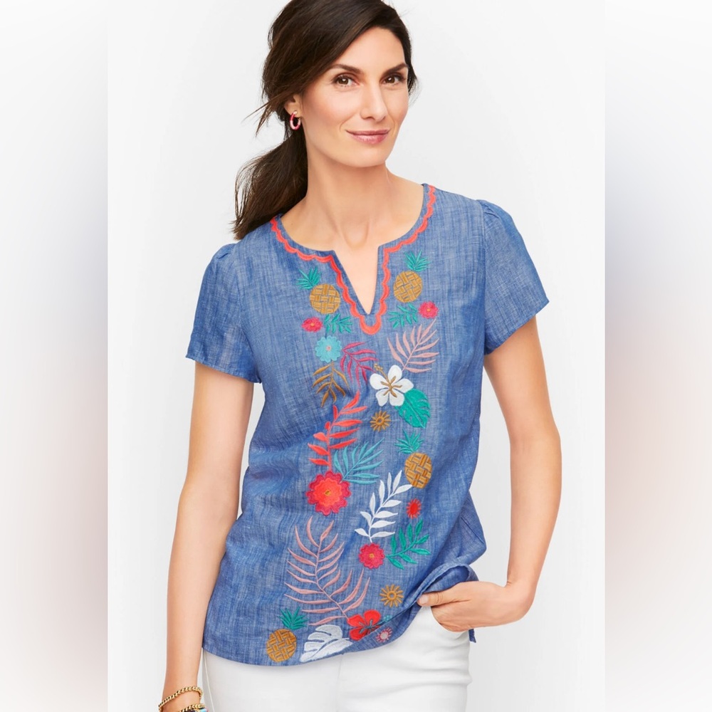Talbots Blue Floral Pineapple Embroidered Blouse Chambray Cotton/Linen Small